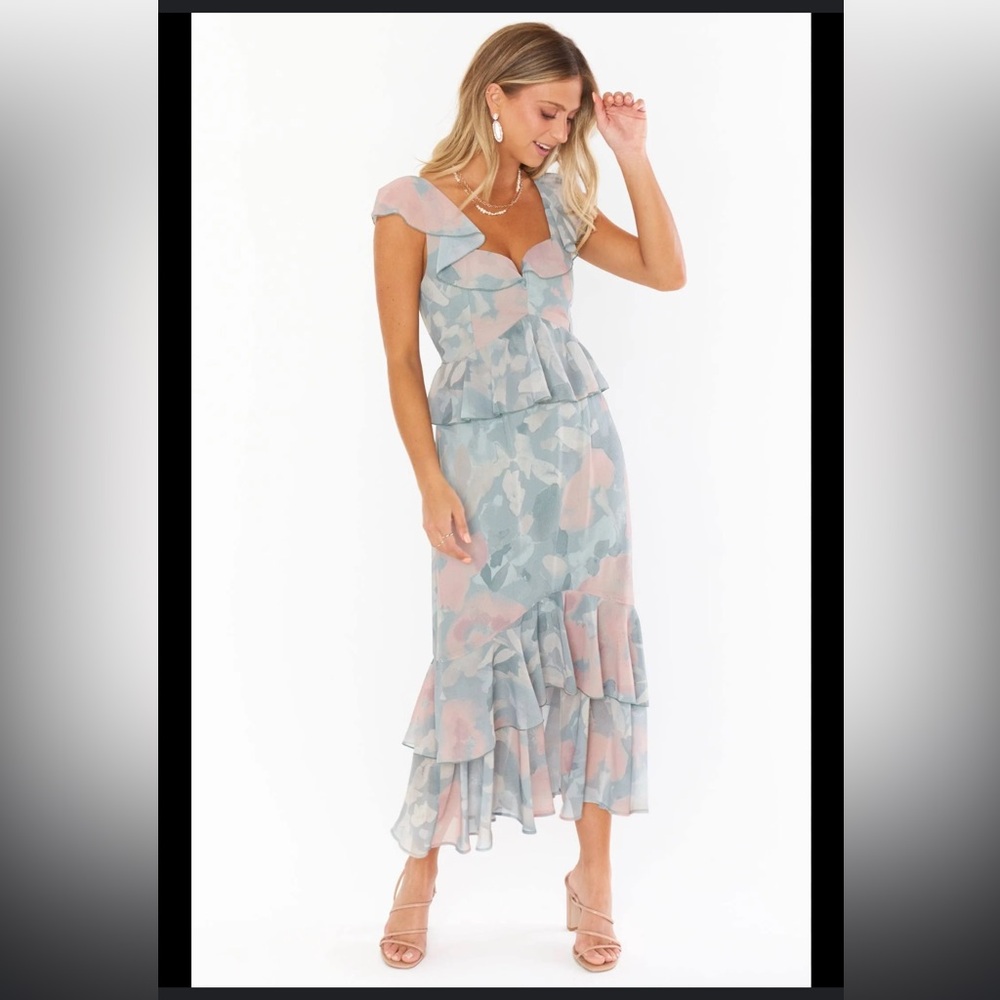 Show Me Your MuMu Pastel Blue and Blush Floral Midi Dress